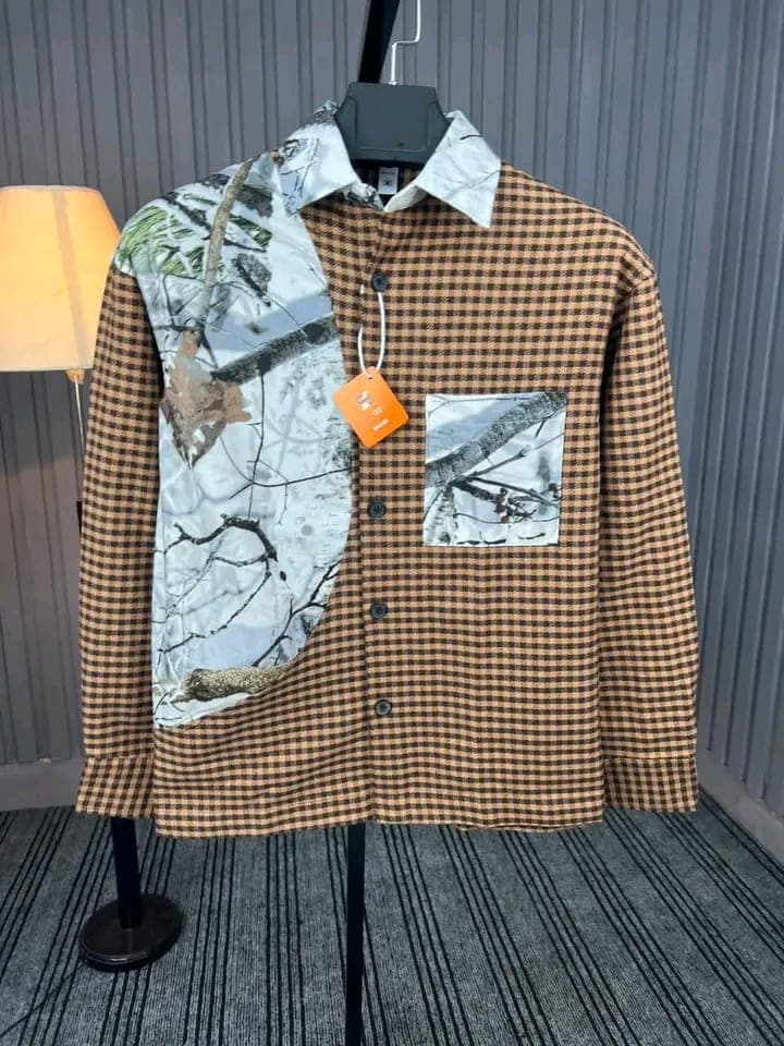 Men's Premium Twill Camo Panel Shirt - Brown Gingham