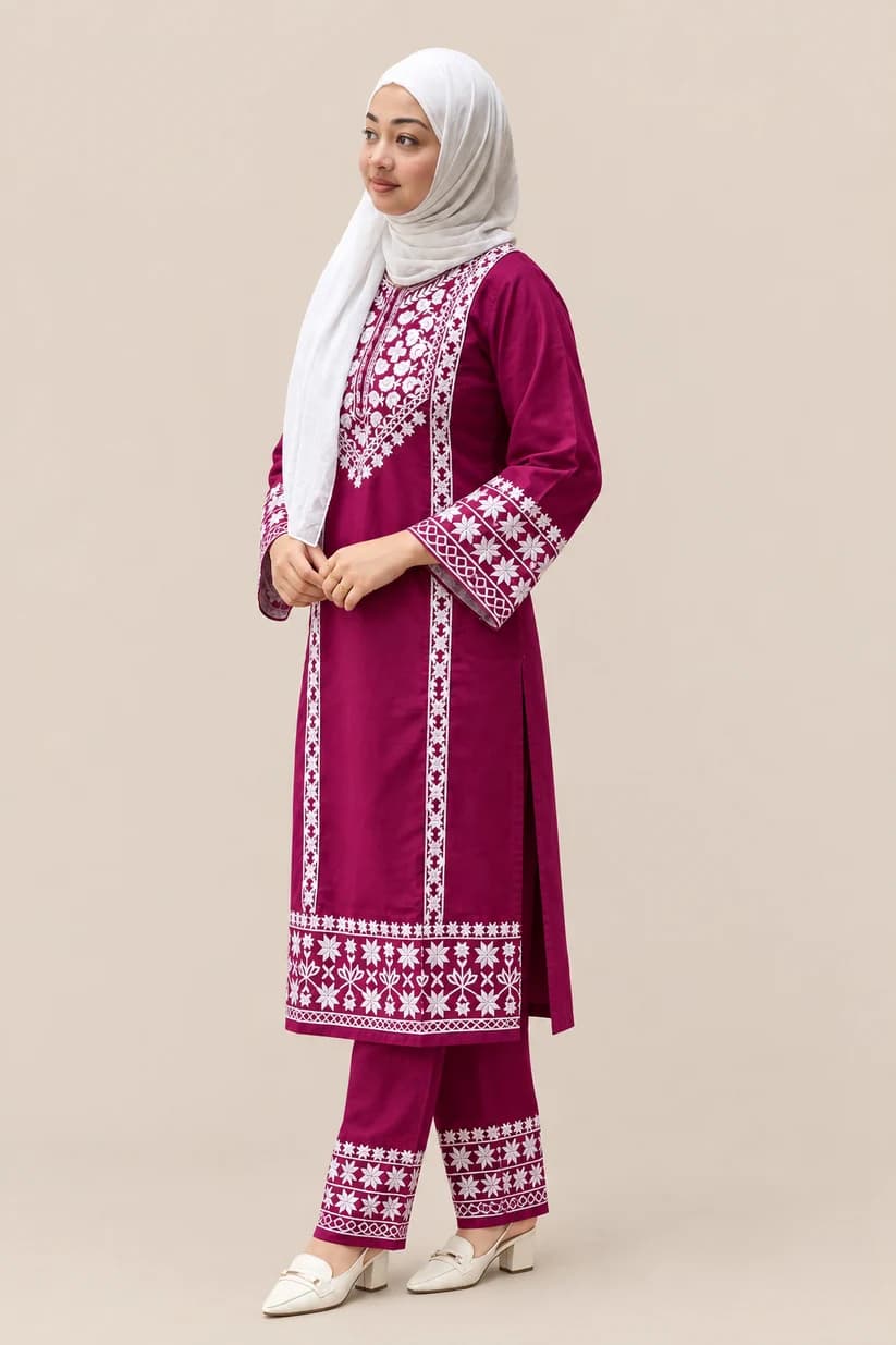 Women's Premium Cotton Heavy Embroidered Kurti & Pant Set - Magenta Purple