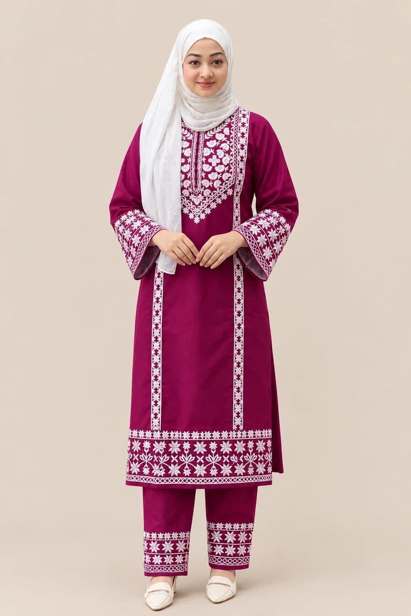 Women's Premium Cotton Heavy Embroidered Kurti & Pant Set - Magenta Purple