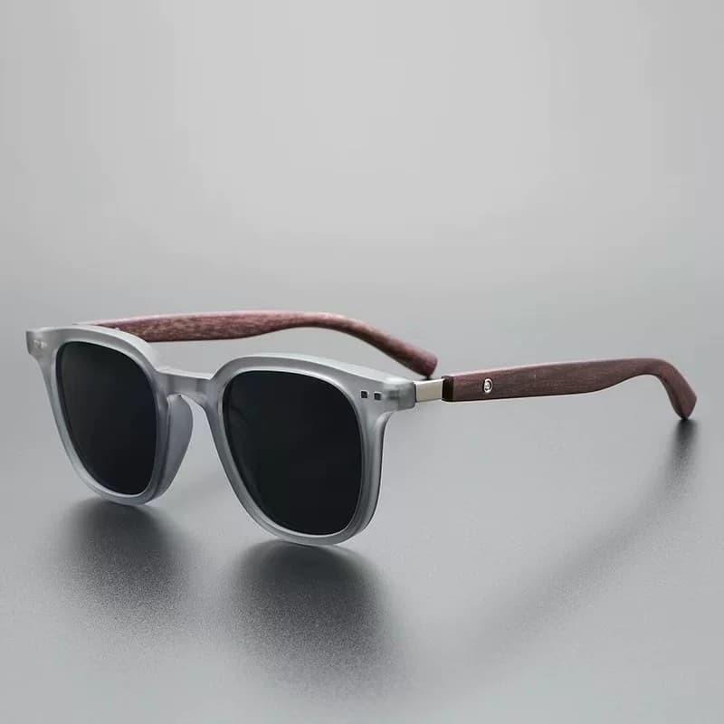 Unisex Japanese Style Vintage Retro Sunglasses - Matte Translucent Grey with Wood Grain Temple Arms