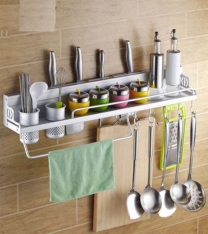 Aluminum Kitchen Rack with 10 Hooks & 4 Knife Slots