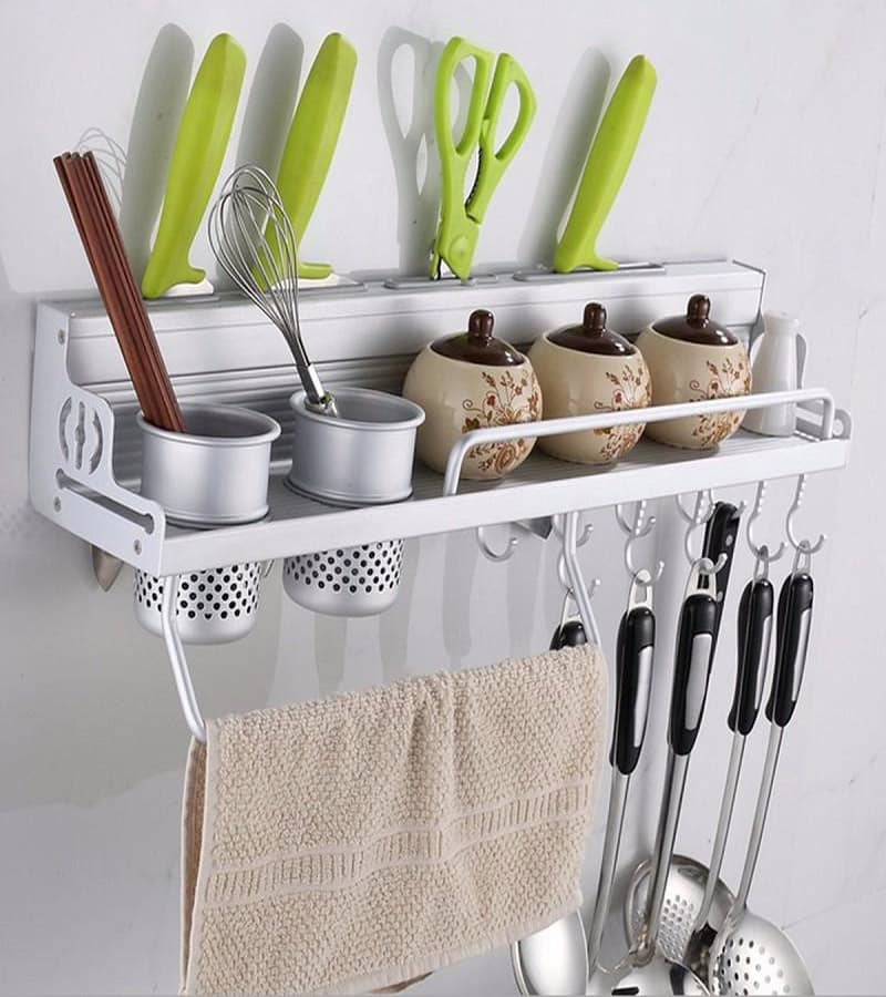 Aluminum Kitchen Rack with 10 Hooks & 4 Knife Slots