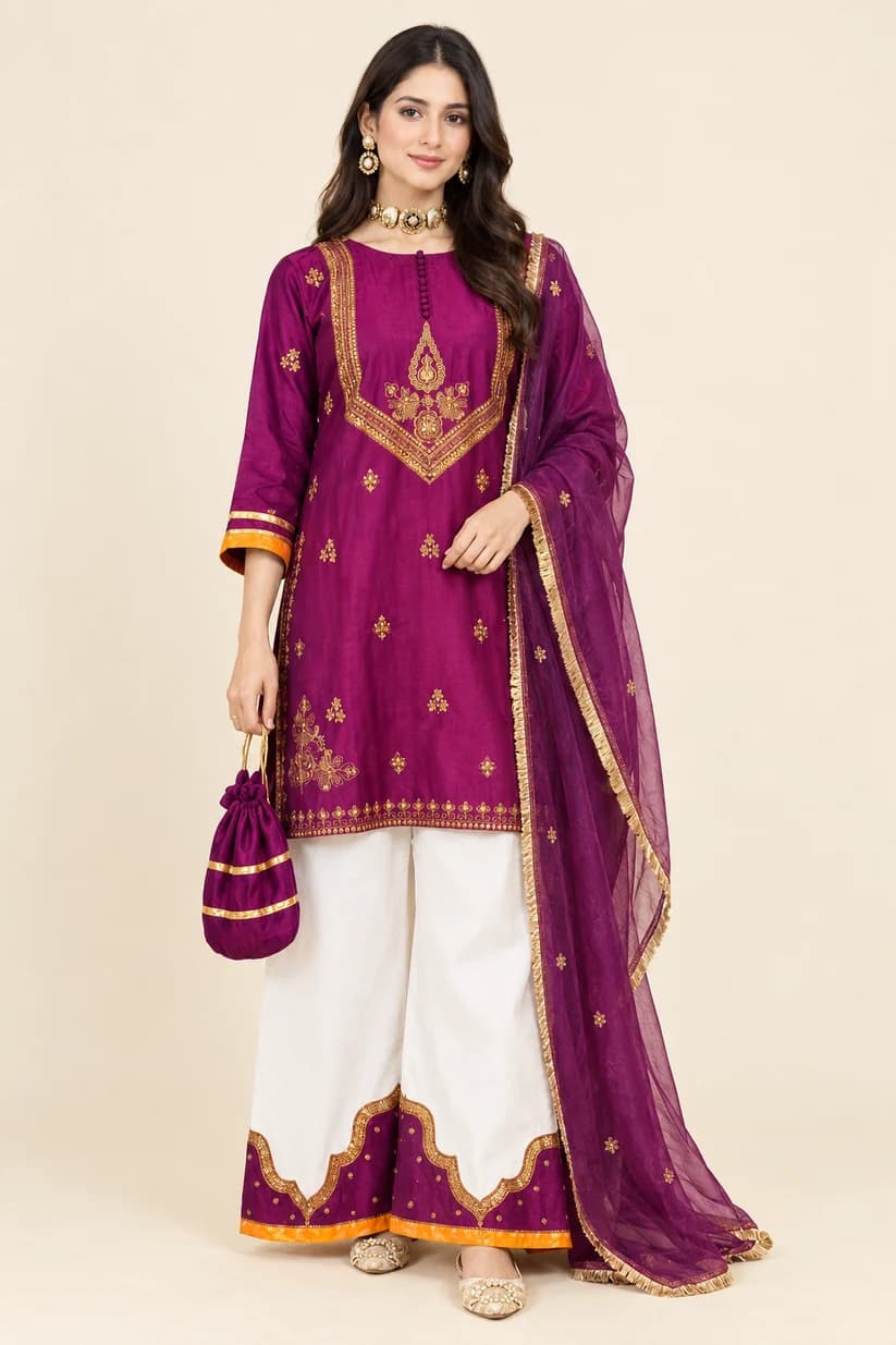 Women's Premium Embroidered Cotton 3-Piece Set with Organza Dupatta - Deep Magenta Purple