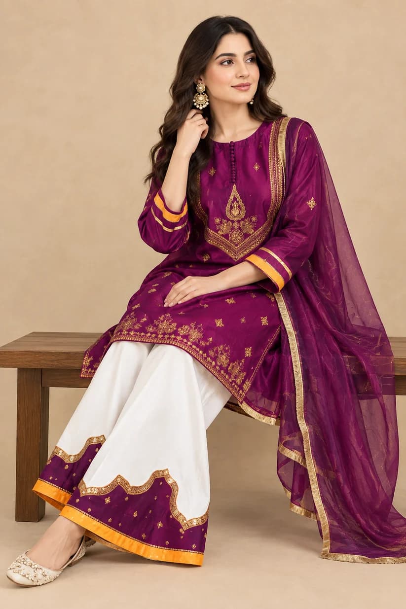 Women's Premium Embroidered Cotton 3-Piece Set with Organza Dupatta - Deep Magenta Purple