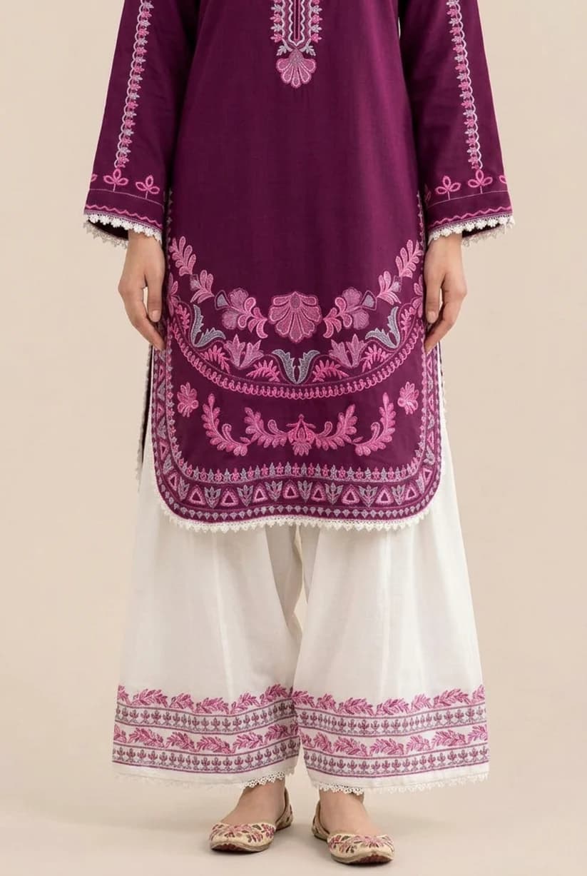 Women's Premium Cotton Chikon Embroidered Stitched 2-Piece Set - Deep Purple & Off-White