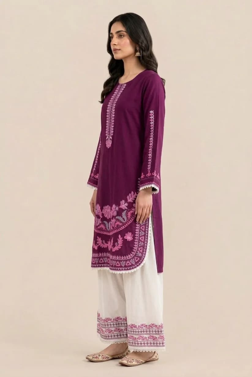 Women's Premium Cotton Chikon Embroidered Stitched 2-Piece Set - Deep Purple & Off-White