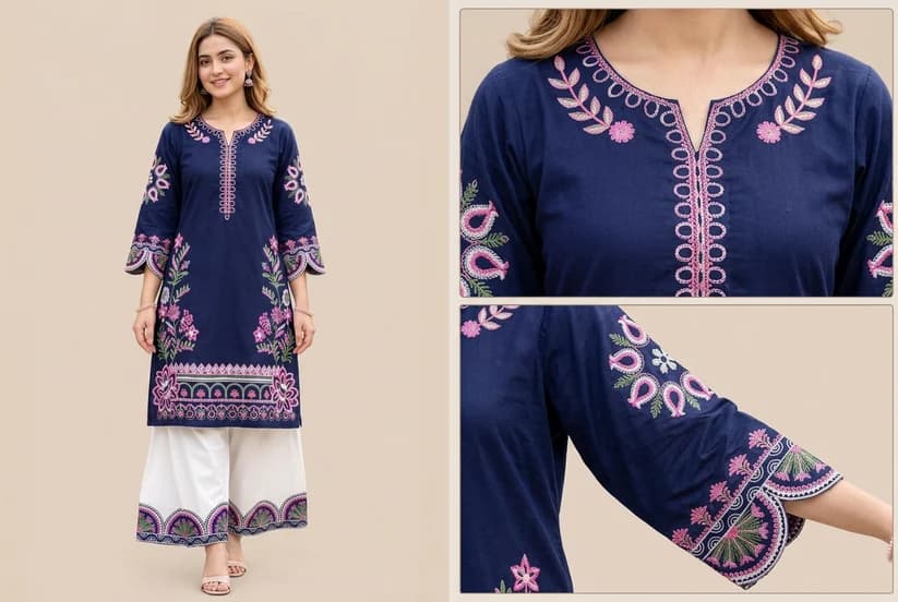Women's Premium Cotton Floral Embroidered Stitched 2-Piece Set - Navy Blue & White