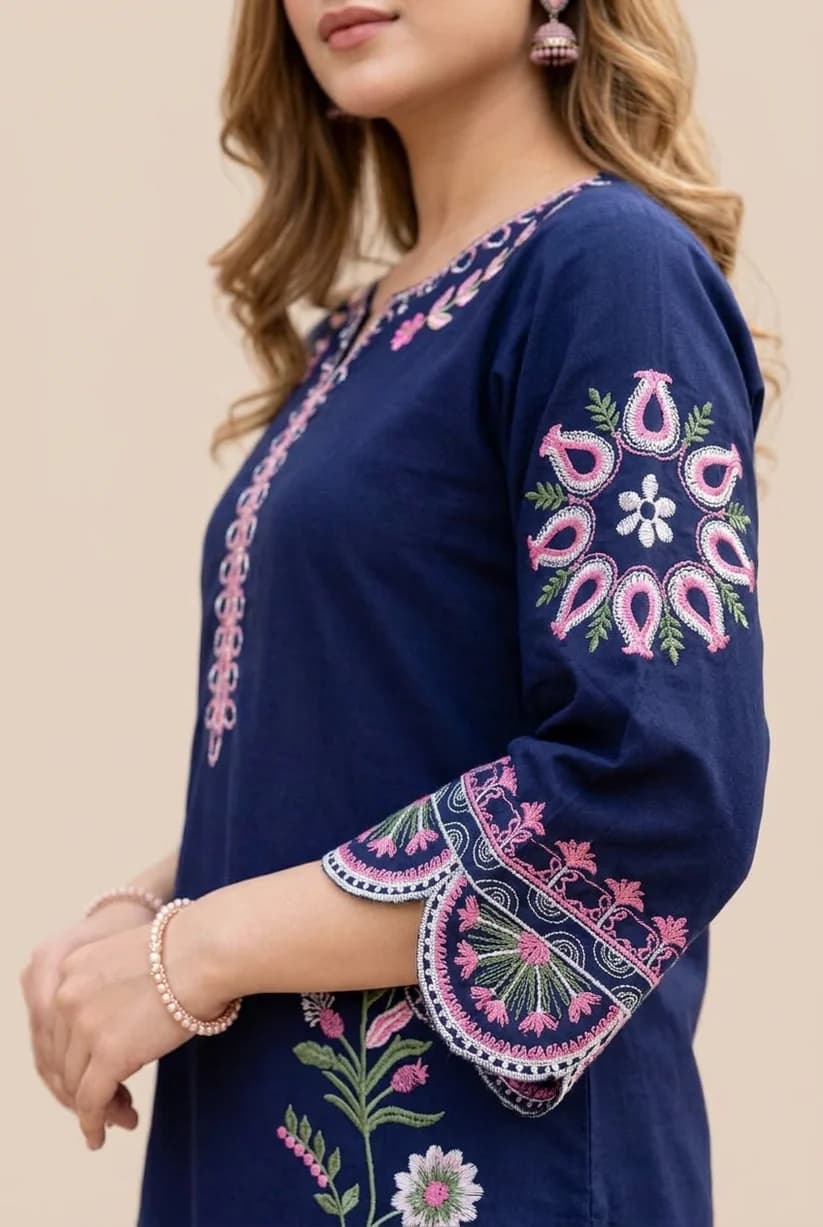 Women's Premium Cotton Floral Embroidered Stitched 2-Piece Set - Navy Blue & White