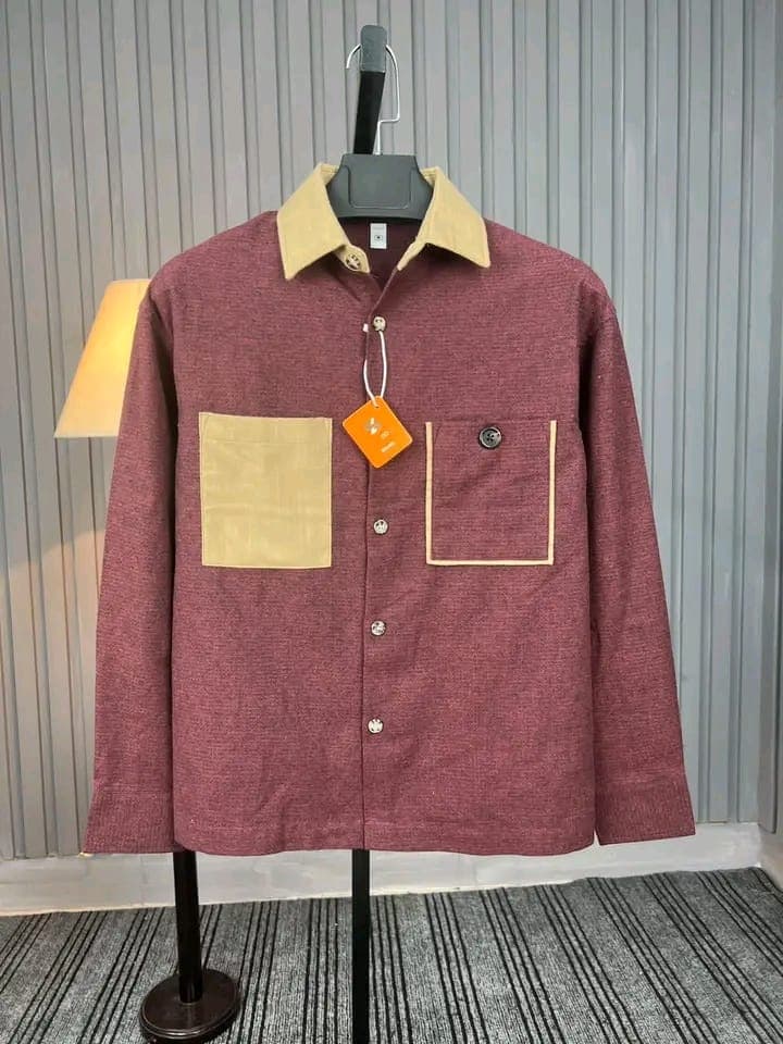 Men's Premium Twill Contrast Pocket Shirt - Maroon & Beige