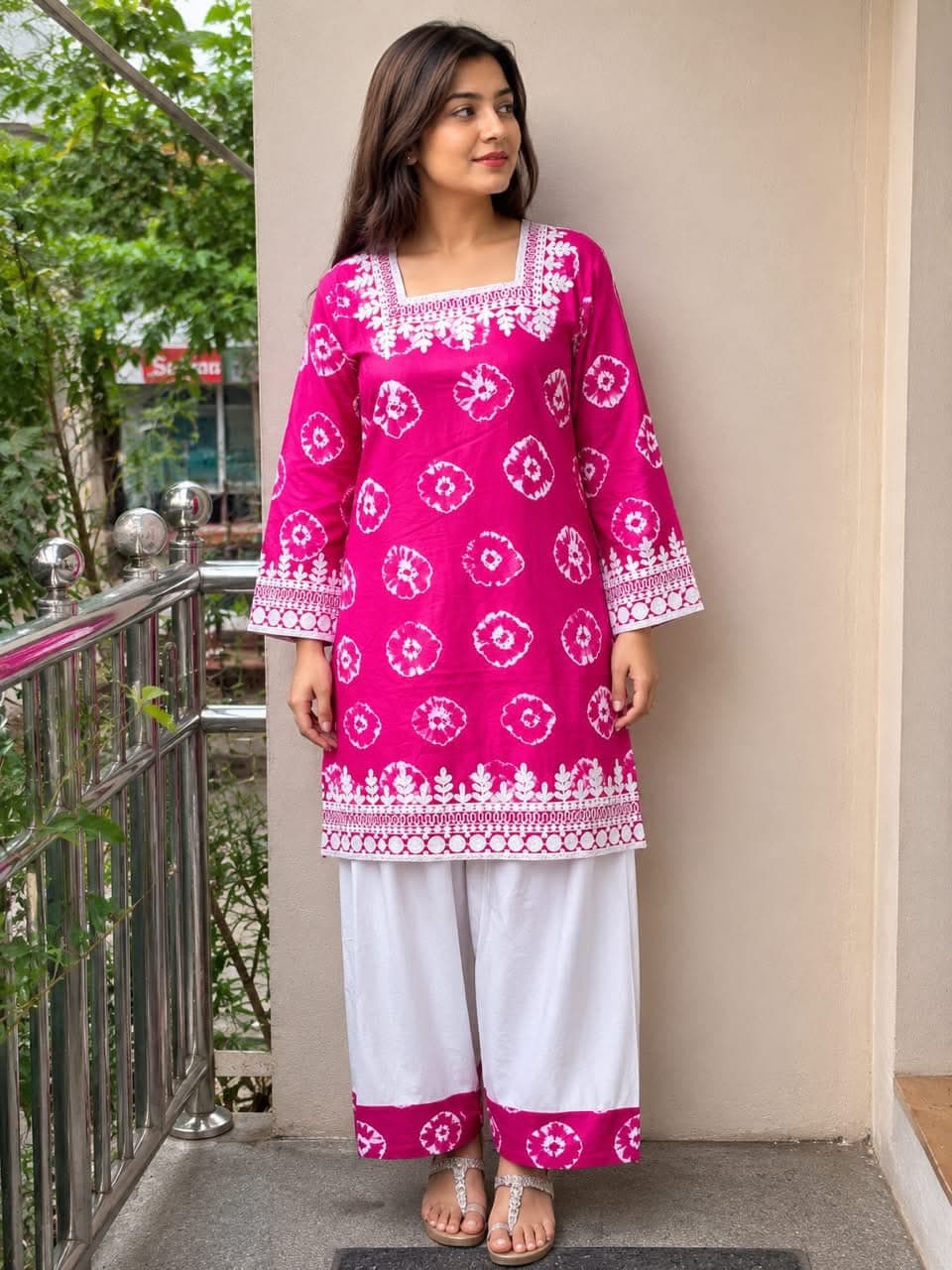 Women's Premium Cotton Bandhani Tie-Dye Stitched 2-Piece Set (Kamiz + Wide-Leg Pant)