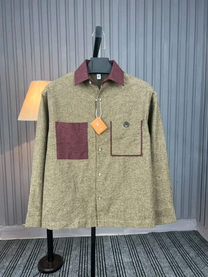 Men's Premium Twill Contrast Pocket Shirt - Olive Khaki & Maroon