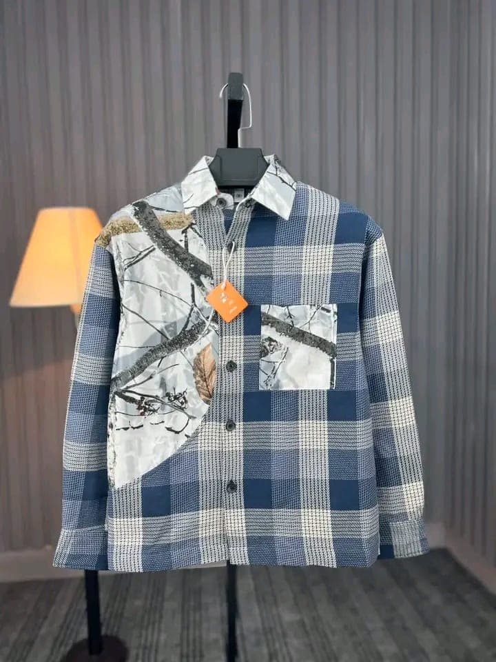 Men's Premium Twill Camo Panel Shirt - Blue Plaid